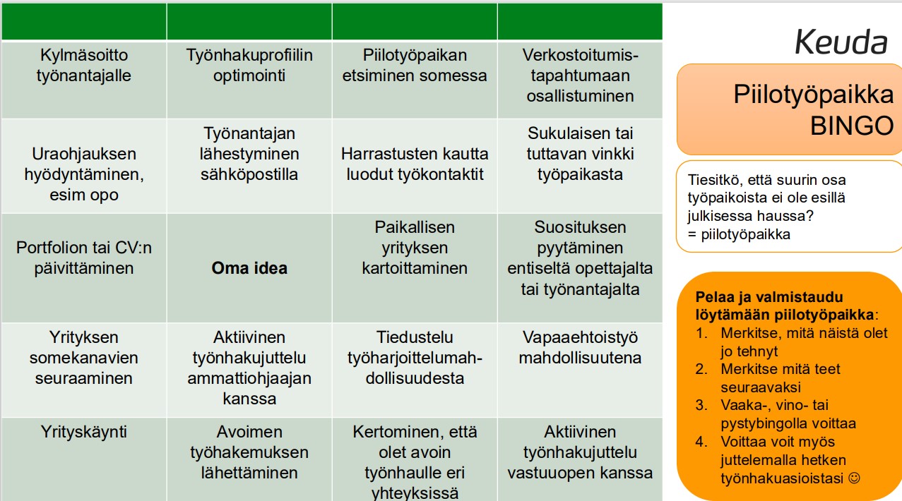 TEHTÄVÄ: Tarkastele piilotyöpaikkabingoa ja päätä mitkä ovat sinun seuraavat askeleesi piilotyöpaikkojen hyödyntämisessä